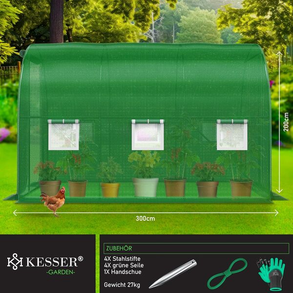 KESSER® Serre en film stable avec 6 fenêtres avec moustiquaire et porte | Tunnel de jardin avec cadre en acier galvanisé | Tunnel en film 170 g/m² avec piquets d'ancrage au sol gants et cordes | 200 x