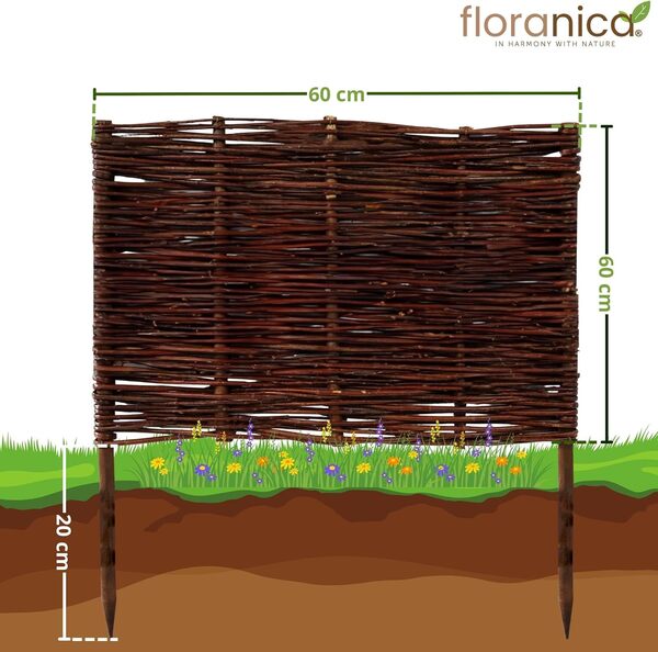 Floranica Bordures de Parterre en Saule Lot de 10 pièce 60 cm x 60 cm Clôture en Bois de Osier pour Bordure Plate-Bande Palissade Bordures de Fleurs Décoratives Panneau en Saule