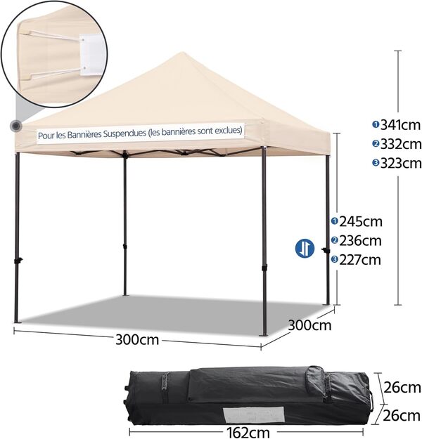 Yaheetech Tonnelle 3x3m Pliante Imperméable Anti-UV Tente Pavillon Pop-up Portable Gazebo Beige