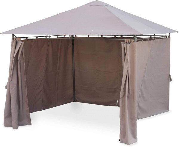 sweeek Alice's Garden - Tonnelle 3x3 m - Elusa - Toile Taupe - Pergola avec Rideaux. Tente de Jardin. Barnum. chapiteau. réception