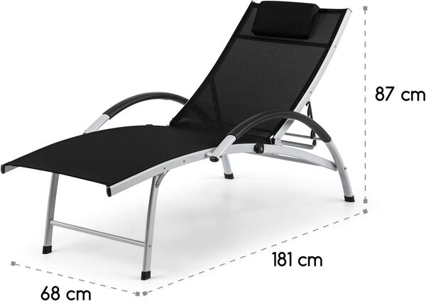 blumfeldt Sun Valley Transat - Bain de Soleil avec Oreiller, Chaise Longue Pliable, Cadre en Aluminium, Dossier réglable en 4 Positions, matériau: 70% PVC, 30% Polyester - Noir