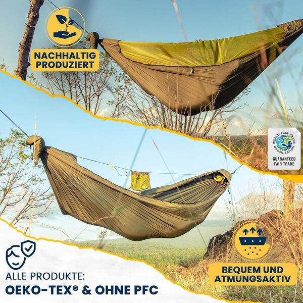 Hamac Parachute Pro - Vert armée | Hamac extérieur 325 x 170 cm avec moustiquaire intégrée, mousquetons et Ridgeline pour Un Montage Rapide | Original Ticket to the Moon Depuis 1996