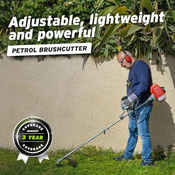 GREENCUT GGT650XE-2 - Débroussailleuse à Essence 65cc 4,9cv, Moteur 2 Temps, Démarrage Électrique, 2 Accessoires de Coupe, Guidon à Double Poignée, Régulateur de Puissance, Harnais de Sécurité
