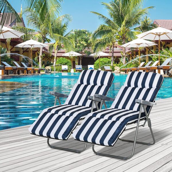 Outsunny Lot de 2 Chaise Longue Bain de Soleil Adjustable Pliable avec Coussin transat lit de Jardin en Acier Bleu + Blanc