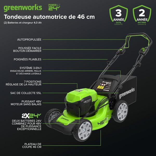 Greenworks 48V (2x24V) Tondeuse à Gazon Sans Fil Autopropulsée Pelouses Jusqu'à 480m², Largeur de Coupe 46cm, Sac 55L, INCLUS 2 X 24V 4Ah et Chargeur Double, Garantie 3 Ans, GD24X2LM46SPK4X