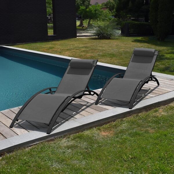 Happy Garden Lot de 2 transats Galapagos en textilène Gris/Structure Anthracite. Bain de Soleil d'extérieur Multi Positions.