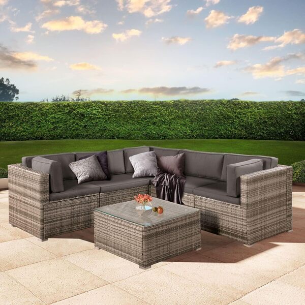 Juskys Ensemble de Meubles de Jardin Nassau en polyrotin résistant aux intempéries - Salon Lounge avec canapé d'angle, Table & Coussins - Salon de Jardin pour 5 Personnes - Gris Beige