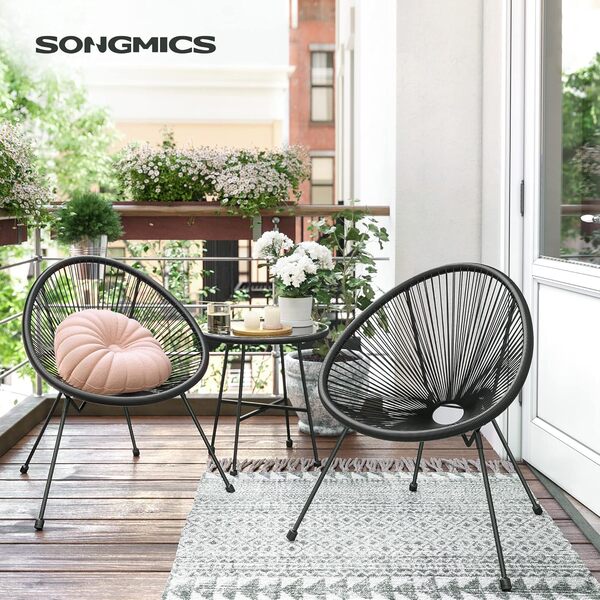 SONGMICS Salon de Jardin, Lot 3 Meubles de Terrasse, Chaises d'Extérieur Acapulco, avec Table en Verre, Noir GGF013B02