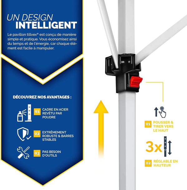 tillvex Tonnelle de Jardin 3 x 3 m Pliable | Tente Pliante à Hauteur réglable | Auvent pour Camping, Festival, Plage | Protection UV 50+ | Chapiteau avec Sac