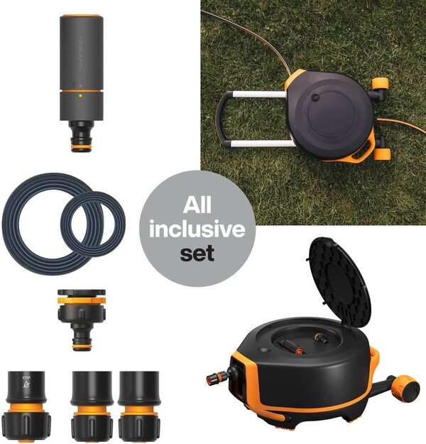 Fiskars Devidoir XL avec Roues, Set d'Arrosage Tout-en-1, Tuyau de 27 m, Tuyau à Enroulement automatique, Tuyau de taille universelle (Ø 13 mm), Raccord universel pour Robinet, X-series, 1067548