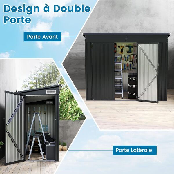 COSTWAY Abri de Jardin en Métal 2,6㎡, Cabane Jardin Exterieur en Acier Galvanisé 5,7 m³ avec Loquet, Porte avec serrure et clé, Toit en Pente, 4 Gants, 2 Trous d’Aérations, Abri Exterieur (Gris foncé)
