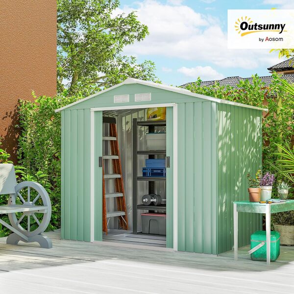 Outsunny Abri de Jardin en métal 2,77 m² cabane de Jardin 213 x 130 x 185 cm cabanon Rangement Outils avec Fondation, Porte coulissante verrouillables et 4 aérations - Vert Clair