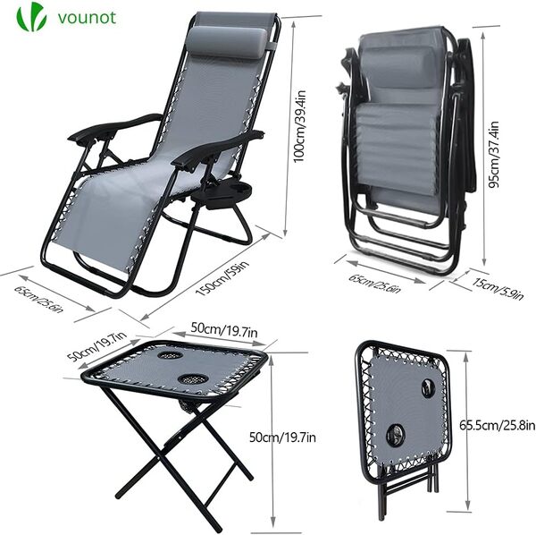 vounot Lot de 2 Chaise Longue inclinable avec Table Pliable Support de Gobelet Chaise de Jardin Pliable en Textilène Chaise Longue avec Rembourrage de Tête Charge Max 120KG Gris