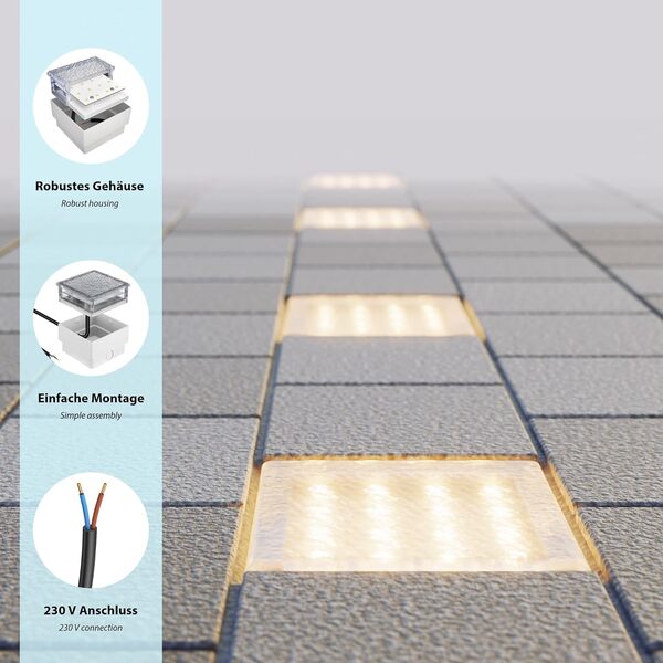 ledscom.de Set de 10 pavés LED CUS Lampe de sol pour l'extérieur, blanc chaud, IP67, 230V, 10x10cm [Classe énergétique G]
