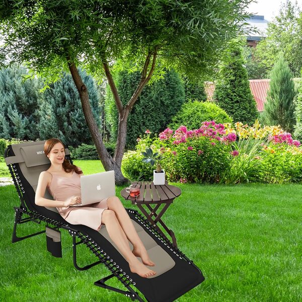 WKFAMOUT Chaise Longue Pliante avec 5 Positions Réglables pour Camping XXL Bain de Soleil Pliable de Jardin avec Poche Amovible et Oreiller Charge Max 150kg 200x68CM Kaki
