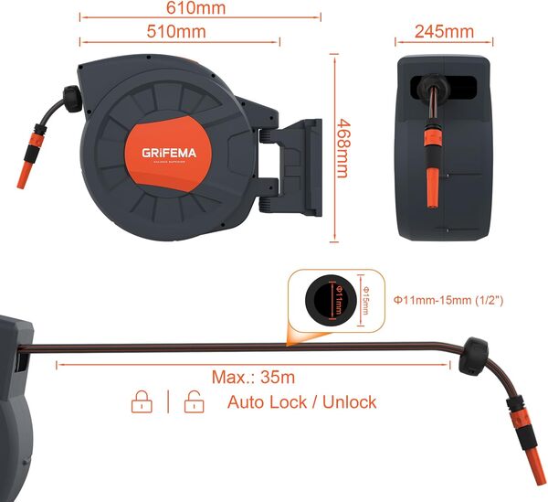GRIFEMA G301-35, Enrouleur Tuyau Arrosage Mural 35m+2m, Rotation à 180 °, Complet avec Pistolet, Raccords, Tuyau et Support Mural