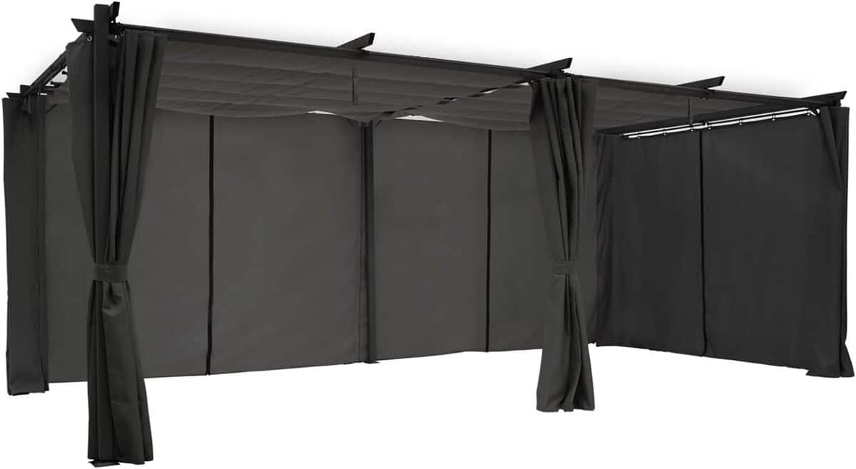 Test de la pergola IDMarket : toit rétractable et rideaux anthracite