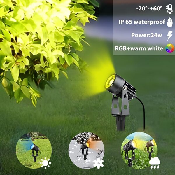 8 éclairage de jardin LED RGBW COB avec Timer télécommande projecteur de jardin RGB+blanc chaud 3000K COB avec piquet 12V 24W aluminium IP65 étanche pour l'extérieur de l'arbre, pelouse [Classe énergétique F]