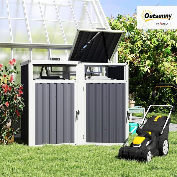 Outsunny Abri pour 2 poubelles 240L, Cache Poubelle extérieur, Portes avec poignées, couvercles relevables à 180°, Acier galvanisé, 146 x 81 x 122 cm, Gris foncé