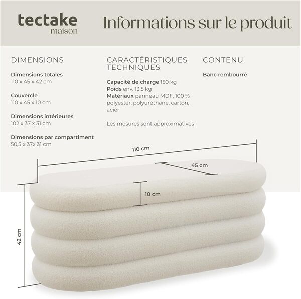 TecTake® Banc de Rangement Bout de lit Coffre Bouclette 110x45x42cm Banc Entree Pouf Chambre Dressing Chambre Adulte Repose Pied Tabouret Coiffeuse Meuble Salon Coffre a Jouet Meuble Rangement Enfant