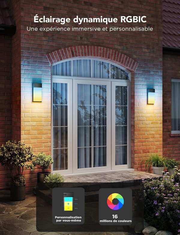 Govee Applique Murale Extérieur RGBIC, Applique Murale Intelligente 1500LM avec 45 Modes de Scène, Etanche IP65, Effets de Lumière DIY, Fonctionne avec Alexa, Google Assistant et Matter, 2 Paquets [Classe énergétique G]