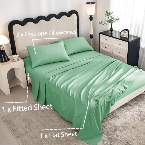 Parure de lit 4 pièces en microfibre brossée pour très grand lit, douce, respirante, résistante au rétrécissement et à la décoloration, vert gazon