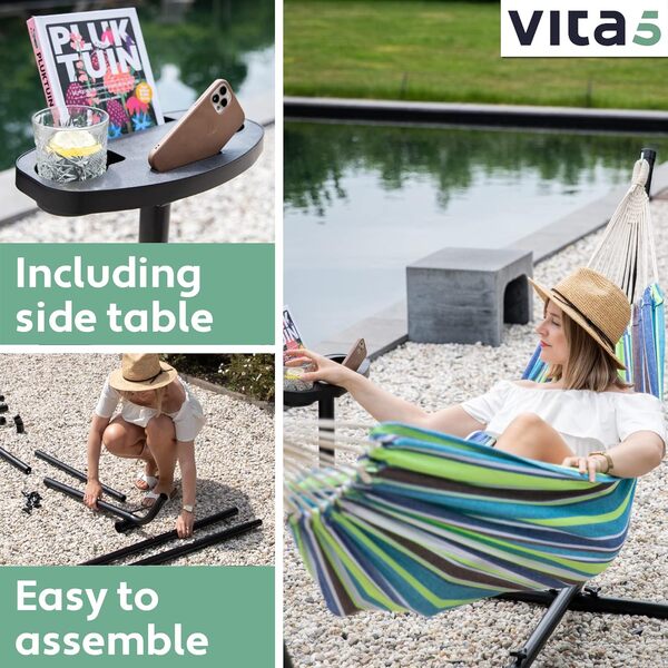 Vita5 Hamac sur Pied Exterieur pour des Heures de Détente, Hamacs 2 Personnes avec Toile en Coton, Support Portable et Solide en Acier revêtu, Extérieur ou Intérieur, Sac Transport Inclus