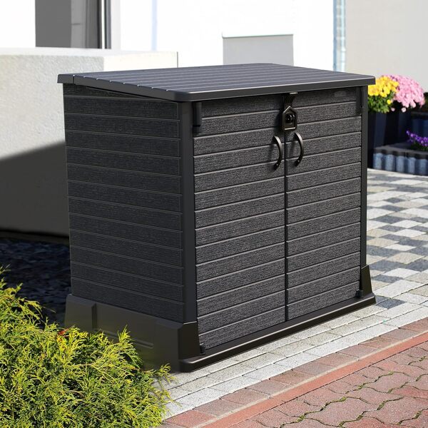 Duramax StoreAway 850L Plastic Garden Shed, Outdoor Storage Shed, Wheelie bin box, Wheelie Bin Hideaways, Durable Construction, Ideal for Tools, BBQs & 2x Garbage Bins, 130x74x110 cm, Dark Grey