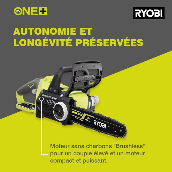 Tronçonneuse RYOBI 18V One+ moteur sans charbon guide 30cm sans batterie ni chargeur OCS1830