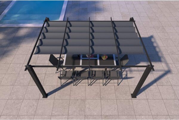 CONCEPT USINE - Pergola Auto-portée 4X3 m (12m²) - Structure Aluminium - 100% Polyester - Nila Gris - Toile coulissante rétractable - tonnelle de Jardin - pour terrasse extérieur & Pavillon