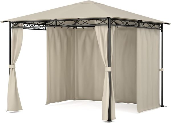 Blumfeldt Mondo - Tente de fête pergola, tonnelle de Jardin, Dimensions : 2,95 x 2,6 x 2,95 m, 4 Panneaux latéraux, Concept EasyMount, Protection Contre Les intempéries : UV/Vent/Pluie, Beige