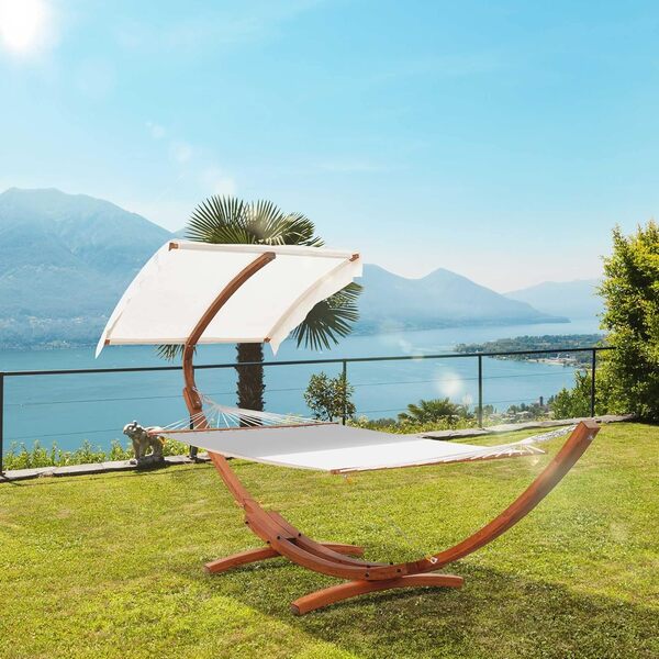 Hamac de Jardin avec Support en Bois et Parasol hamac sur Pied 2 Personnes Max. Charge Max. 180 Kg