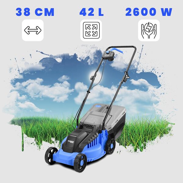 Kanwod KGALM-1638 Tondeuse électrique de 38 cm de Large, 1600 W, Hauteur de Coupe réglable sur 5 Niveaux de 30 à 75 cm, bac de ramassage de 42 litres, 3400 TR/Min