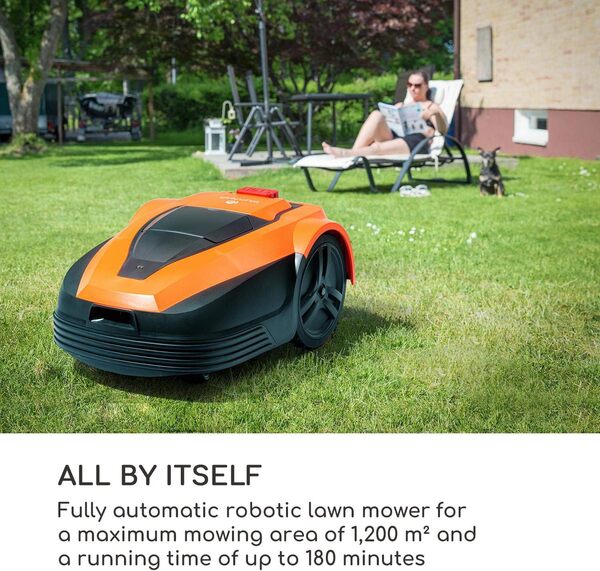 blumfeldt Garden Hero - Tondeuse Robot Gazon électrique, Max 1.200m²,30W, Autonomie 180min, Protection IPX4, Ecran LCD, Compact, Capteur Anti-Collision, Chargement Automatique - Noir/Orange