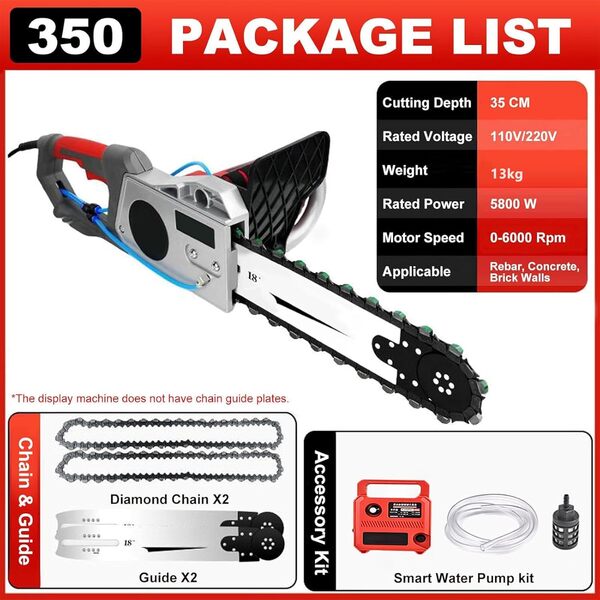 Tronçonneuse à Béton, Équipement de Découpe de Béton Industriel avec Pompe à Eau, 2 Chaînes et 2 Guides-Chaînes pour Granit, Béton et Pierre Depth35cm