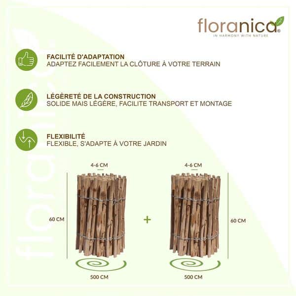 Floranica clôture noisetier châtaignier 10 m x 60 cm, lattes 4-6 cm, piquets, jardin
