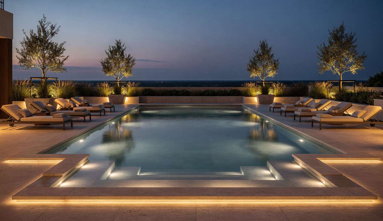 &eacute;clairage et ambiance autour de la piscine