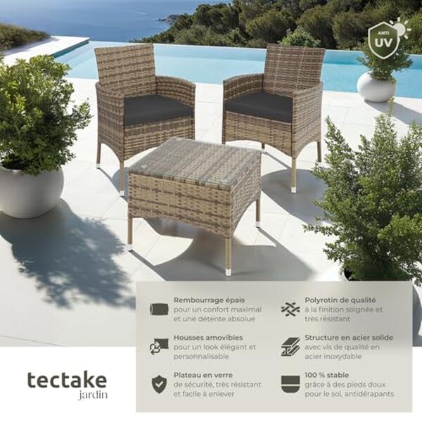 Découvrez notre test détaillé du salon de jardin TecTake® 2 personnes en poly rotin : qualité, confort et durabilité pour votre terrasse. 