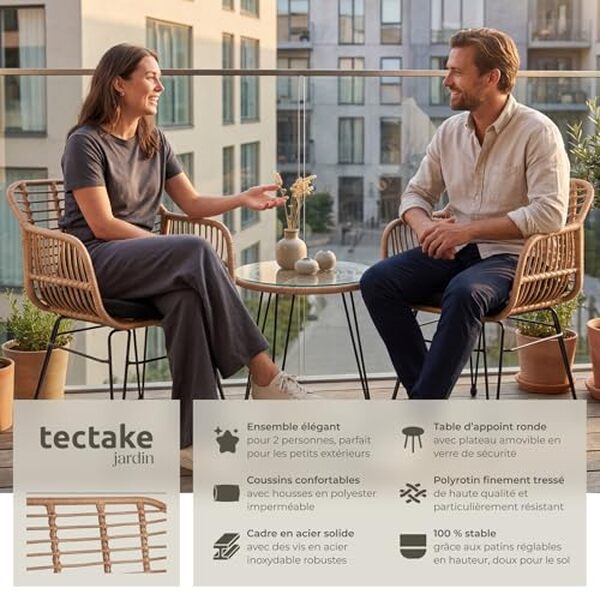 Découvrez notre test complet du salon de jardin TecTake® en poly rotin pour 2 personnes : caractéristiques, avantages, prix et avis d'utilisateurs.