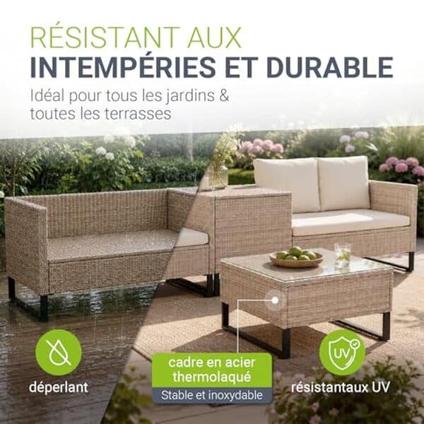 Découvrez notre test complet du salon de jardin Santorini Juskys en polyrotin : qualité, durabilité et design pour votre terrasse. Avis détaillé et conseils d'achat.